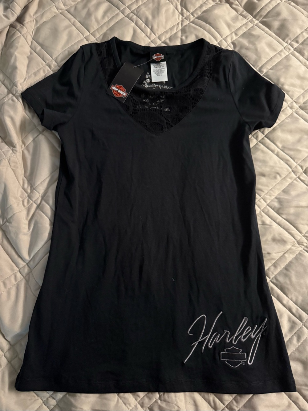 Harley-Davidson Black Short Sleeve V-Neck Tee with Lace & Script
